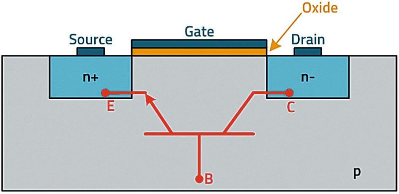 Bild 4:  Parasitärer bipolarer Sperrschichttransistor (BJT) im NMOS-FET. (Bild: Würth Elektronik)