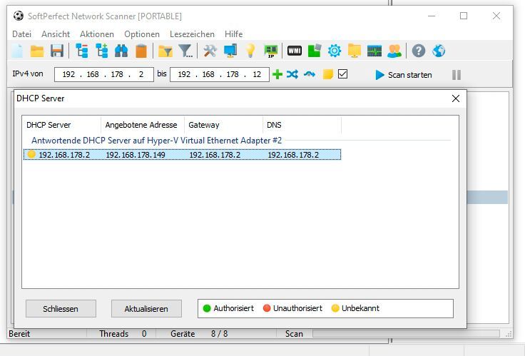 Anzeigen der DHCP-Server im Netzwerk mit SoftPerfect Network Scanner. (Bild: SoftPerfect / Joos)