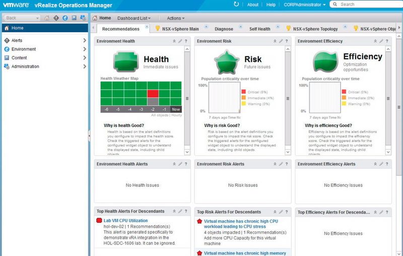 Die Steuerung und Überwachung der Ressourcen in der privaten Cloud erfolgt über vRealize Operations Manager. Dieser verfügt über eine eigene Weboberfläche, getrennt vom Web-Client in vCenter. (Joos / VMware)