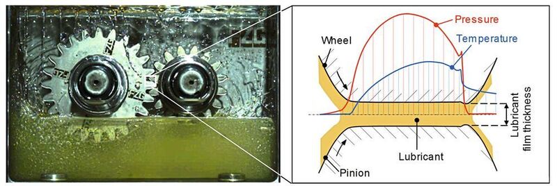 Hochgeschwindigkeits-Kamerabild eines tauchgeschmierten Zahnradpaares im Betrieb (links) und schematische Darstellung des EHD-Kontaktes (rechts). (TUM)