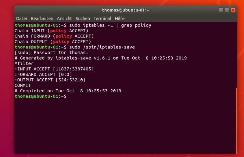 Speichern der Einstellungen für iptables. (Joos)