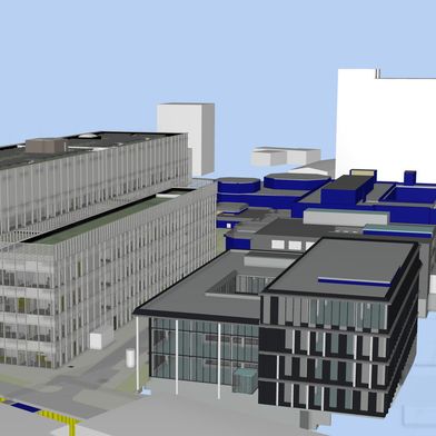 BIM-Modell der Rückseite des neuen Zentrallabors am Uniklinikum Düsseldorf. (Bild: Formitas AG mit freundlicher Genehmigung von UKD und Carpus+Partner)