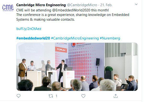 CME, Spezialist für das Design von embedded-mikroprozessor- und mikrocontroller-basierten Systemen, bekräftigt am 20.2. ihre Teilnahme nochmals via Twitter. (Bild: Twitter)