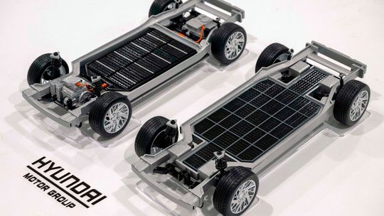 Die Skateboard-Plattform mit Uni-Wheel-Antrieb (rechts) erlaubt Karosserieaufbauten mit mehr Platz.(Bild:  Hyundai)