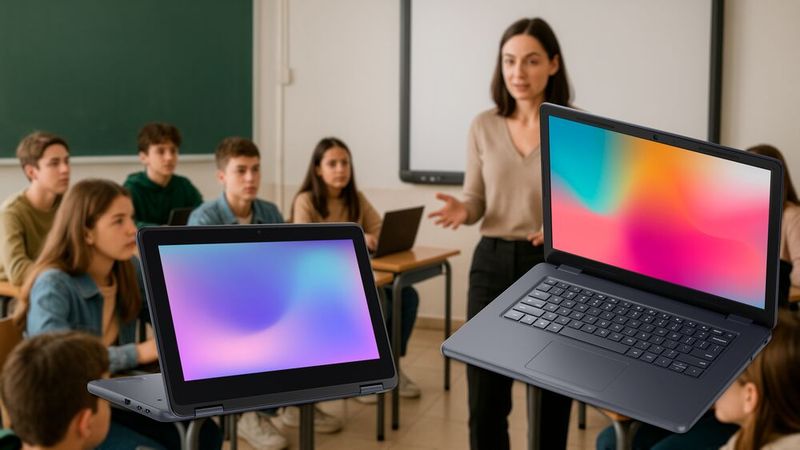 Das Dell Pro Education 11 2-in-1 ist eher für jüngere Schüler bestimmt, während  das Dell Pro Education 14 Laptop in der Oberstufe zum Einsatz kommen soll. Auf Intel-Prozessoren der N-Serie basien beide Geräte.(Bild:  Dell, GPT Imgae Editor (KI-generiert))