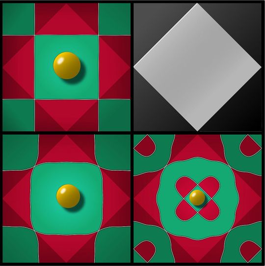 Die Visualisierung zeigt das Schachbrettmuster und die erlaubten Bereiche (grün) sowie die gesperrten Bereiche (rot) für Kolloid-Teilchen unterschiedlicher Größe. (Bild:  Daniel de las Heras / Universität Tübingen)