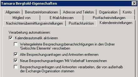 In den Eigenschaften von Empfängern in der Exchange-Verwaltungskonsole steht die neue Registerkarte „Kalendereinstellungen“ zur Verfügung. Auf dieser passen Administratoren Einstellungen für den Kalender eines Postfachs an. Diese Kalenderautomatik verarbeitet eingehende Besprechungsanfragen, ohne dass Benutzer dazu etwas tun müssen. (Bild: Archiv)