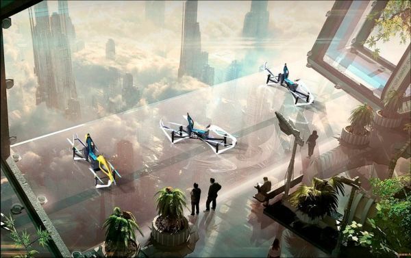 Vision eines Hoverbike-Landeplatzes auf dem Dach eines Wolkenkratzers (Hoversurf)