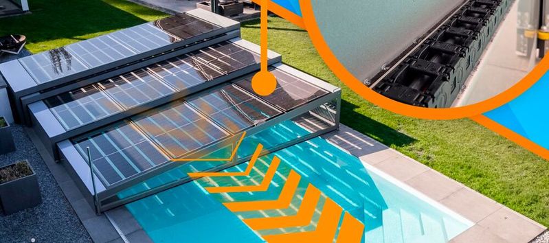 In der teleskopierbaren PV-Poolüberdachung von Skyvolution führen Energieketten von Igus die Solarkabel selbst auf engstem Bauraum sicher durch die beweglichen Dachelemente. (Bild:  Igus)