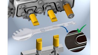 Variothermal temperature control to the point: Heated stamps prevent visible weld lines on the molded part through heat pulses. (Source: Incoe)