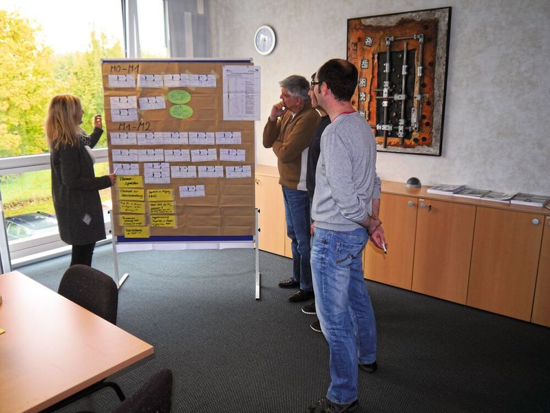 Dr. Anja Schierbaum (Senior Expertin Fraunhofer IEM) arbeitet mit Rolf Lampert (Leiter Digital Engineering bei RK Rose+Krieger, Mitte) und dem Systems Engineering-Projektteam neue Engineering-Methoden. (Bild: Fraunhofer IEM)