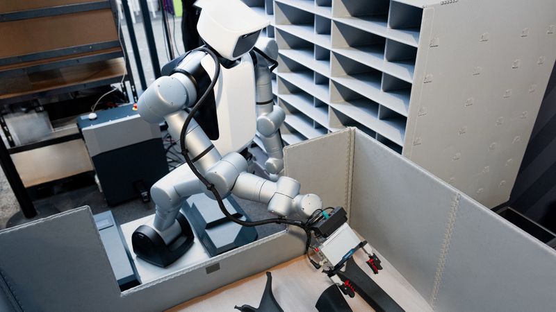 Im Production Lab, in dem Audi zukünftige Technologien für Produktion und Logistik erprobt, entnehmen mobile humanoide Roboter von Agile Robots Teile aus Materialbehältern und legen sie in Sequenzwagen bereit.(Audi AG)