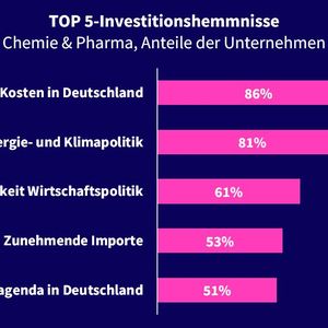 Mehr als 80 % der Unternehmen bezeichnen die hohen Kosten sowie die Energie- und Klimapolitik als die größten Belastungen für Investitionsentscheidungen.(Bild:  VCI)