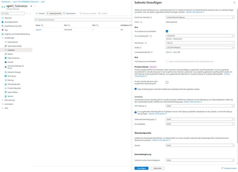 Erstellen eines Subnetzes für ein neues Azure VPN-Gateway. (Bild: Joos - Microsoft)