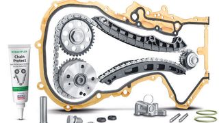 Das INA-Steuerketten-Kit für 1,4-TSI-Motoren der VW-Gruppe beinhaltet mehr als 20 Teile – inklusive Nockenwellenversteller, Kettenadditiv und Führungsstiften. (Schaeffler)