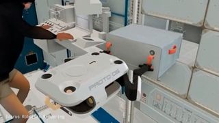 Mission Joyride: Der frei fliegende Roboter (hier im Rendering) soll die ISS-Besatzung ab 2027 mit seinen zwei mechanischen Armen bei Logistikaufgaben entlasten. (Bild: Icarus Robotics)