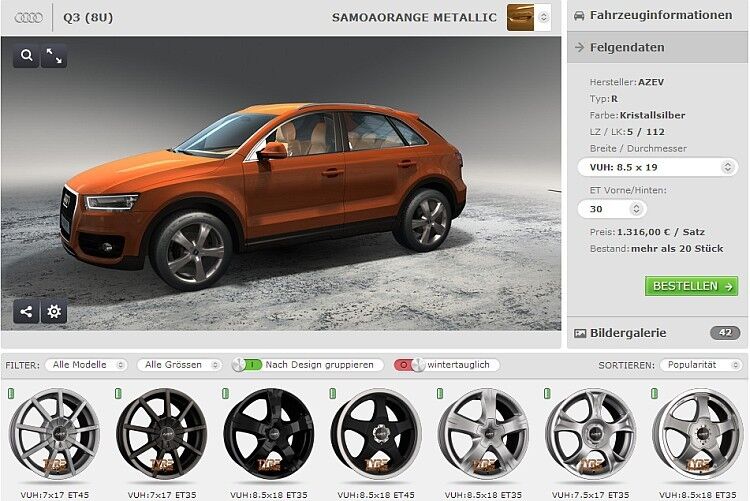 Die Räder lassen sich sowohl am Fahrzeug als auch freigestellt aus vielen Perspektiven anschauen. (Screenshot: Tyre24)