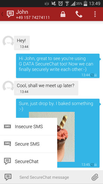 Anwender haben die freie Auswahl, wie Secure Chat die Nachricht verschicken soll. Neben einer verschlüsselten SMS oder Chat-Nachrichten kann die SMS auch unverschlüsselt verschickt werden. (G Data)