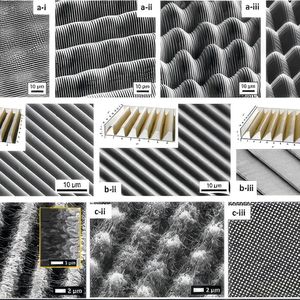 Bild 1:  Beispiele ausgewählter periodischer Mikro- und Nanostrukturen mittels DLIP [11]. (Bild: Nanophotonics)
