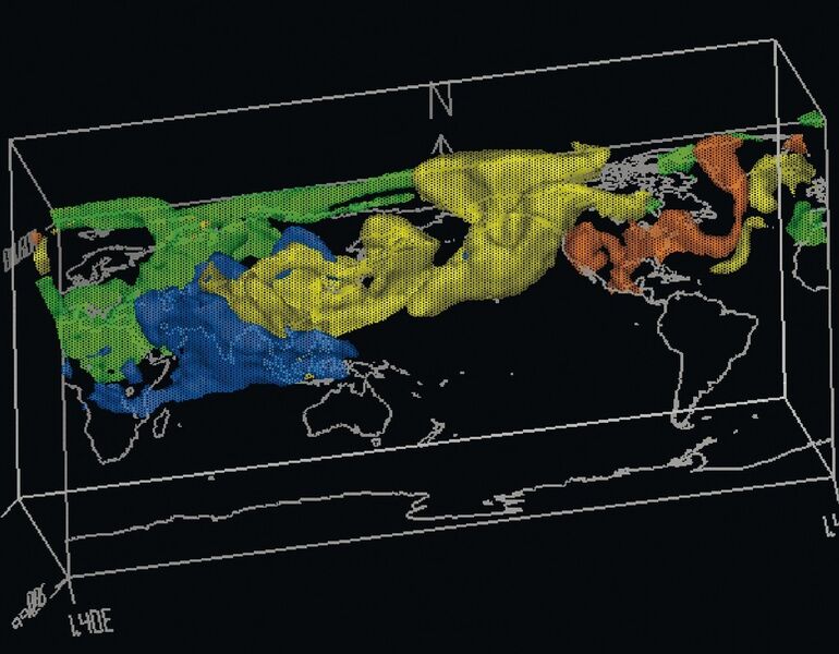 Diese Simulation zeigt Beispielhaft, wie sich Emissionen des Luftschadstoffs CO aus europäischen (grün), nordamerikanischen (orange), südasiatischen (blau) und ostasiatischen (gelb) Quellen in der Atmosphäre verteilen. (Bild: FZ Jülich)