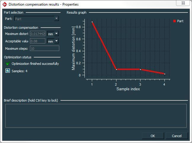 Der Ergebnisdialog für die Verzugskompensation zeigt, dass der maximale Verzug im Teil 0,00174429 mm beträgt.  (Simufact)