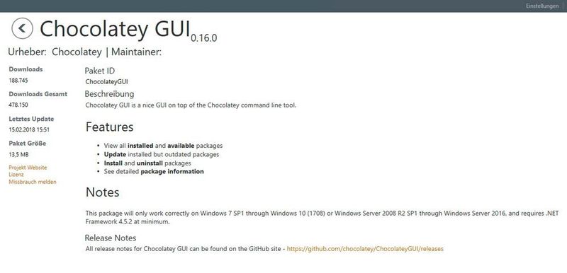 In den Details von Paketen sind alle Informationen zu sehen, die für ein Paket relevant sind. Auch die Anzahl der Downloads und die Lizenzen sind hier zu sehen. (Chocolatey / Joos)