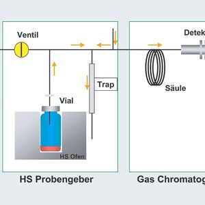 Abb.1: Funktionsschema der HS-Trap: Die Analyten werden auf dem Adsorbens der Trap angereichert und zeitversetzt thermisch im Gegenstrom desorbiert. Wasser wird zuvor optional durch trockenes Trägergas entfernt.