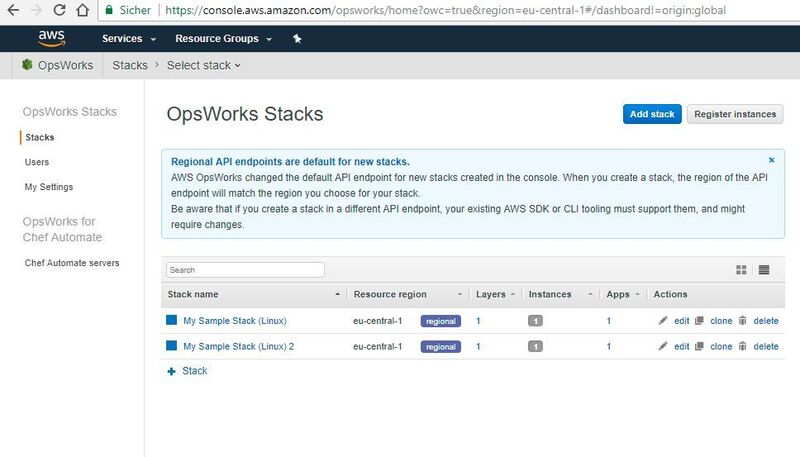 Über das OpsWorks Stacks Dashboard lässt sich der Stack weiter bearbeiten, klonen oder löschen. (Drilling / AWS)