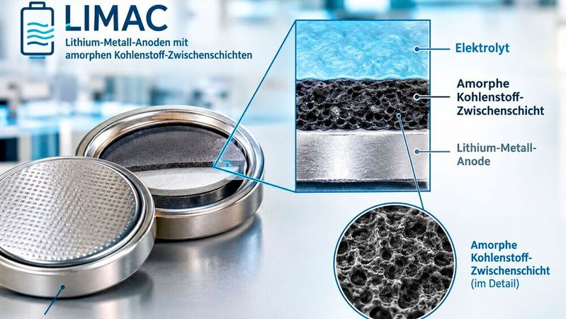 Knopfzellen dienen im Projekt Limac als Testformat, um amorphe Kohlenstoff-Zwischenschichten zwischen Lithium-Metall-Anode und Elektrolyt zu untersuchen.(Bild:  KI-generiert)