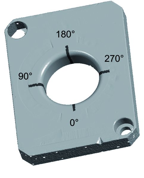Bild 2: Messstellen der taktilen Konturmessung auf der Matrize (dunkel) und Kerbe zur Markierung der Blechlaufrichtung auf digitalisierter Matrizenoberfläche (Archiv: Vogel Business Media)