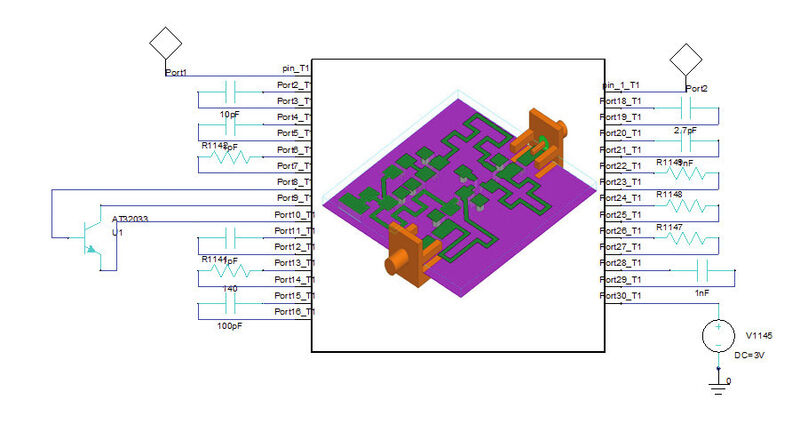 Bild 2: Der Schaltplan für die Systemsimulation eines Low Noise Amplifyers. Das Übertragungsverhalten der Platine inklusive parasitärer Impedanzen ist in dem großen Block hinterlegt. (Bild: CADFEM)