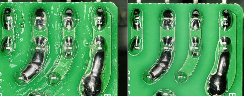 Bild 3:  Sämtliche Flussmittelrückstände werden von der Leiterplatte vollständig und prozesssicher entfernt, ohne die PCB-Struktur zu beeinträchtigen (links vor der Reinigung, rechts nach der Reinigung). (Bild: acp systems )