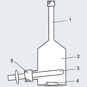 Abb.1: Schematische Darstellung des Mikroextraktionsgefäßes. 1 Steigrohr, 2 unterer Gefäßraum, 3 Glastempel, 4 Rührfisch, 5 Schraubverschluss mit PTFE-Dichtung.