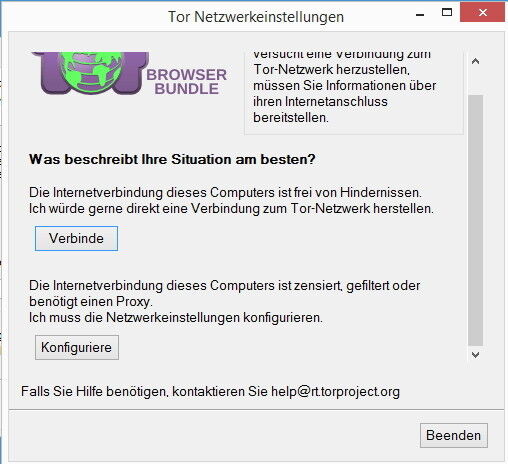 Abbildung 2: Nach dem Entpacken starten Sie die sichere Browser-Umgebung mit „Start Tor Browser.exe“. Es öffnet sich der Assistent für die Anbindung an das Internet. Wenn Ihr Rechner direkt mit dem Internet verbunden ist, wählen Sie „Verbinde“. (Bild: Joos)