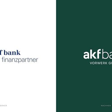 Die Akf-Bank gibt sich einen neuen Markenauftritt – mit Verweis auf die Konzernzugehörigkeit zu Vorwerk. Im Bild: der bisherige Auftritt (links) und der neue. (Bild: Vorwerk/akf Bank)