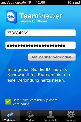 TeamViewer (2): ... nach dem Start der Anwendung auf dem Remote-PC meldet sich der Anwender über die iPhone App mit ID und Passwort an. (Archiv: Vogel Business Media)