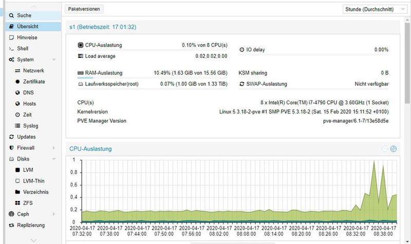 Anzeigen der Systemdaten von Proxmox. (Bild: Proxmox Server Solutions / Joos)