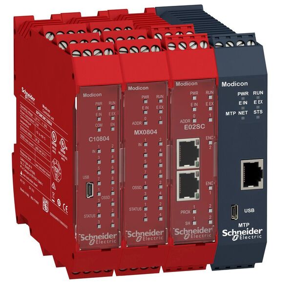 Die Sicherheitscontroller der Modicon MCM-Baureihe von Schneider Electric bestehen aus einer CPU-Einheit sowie dazugehörigen E/A-Modulen. Auch ein Kommunikationsmodul für die Verbindung zur Steuerung lässt sich anschließen.  (Schneider Electric)