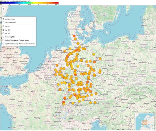Das sind die im Rahmen des Hola-Projektes favorisierten Ladestandorte für E-Lkw in Deutschland, weil sie besonders günstig liegen, sagen Forscher.(Bild:  Hola-Projekt / Open Street Maps)