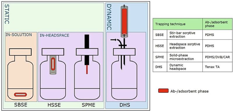 Abb. 2: Schematische Darstellung der vier in dieser Studie verwendeten Techniken zum Einfangen flüchtiger Stoffe. Die speziell in dieser Studie verwendeten ab-/adsorbierenden Beschichtungen sind rot hervorgehoben.