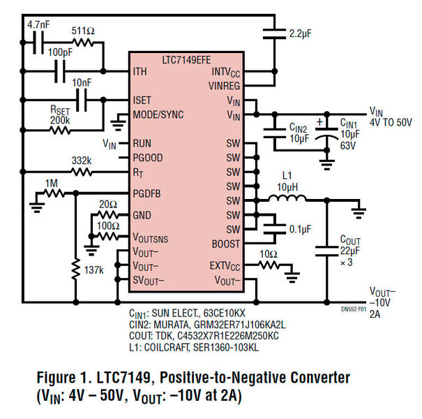 Bild 1. Positiv-Negativ-Spannungswandler auf Basis des LTC7149 (VIN: 4 V - 50 V, VOUT: -10 V bei 2 A) (Bild: Linear Technology)