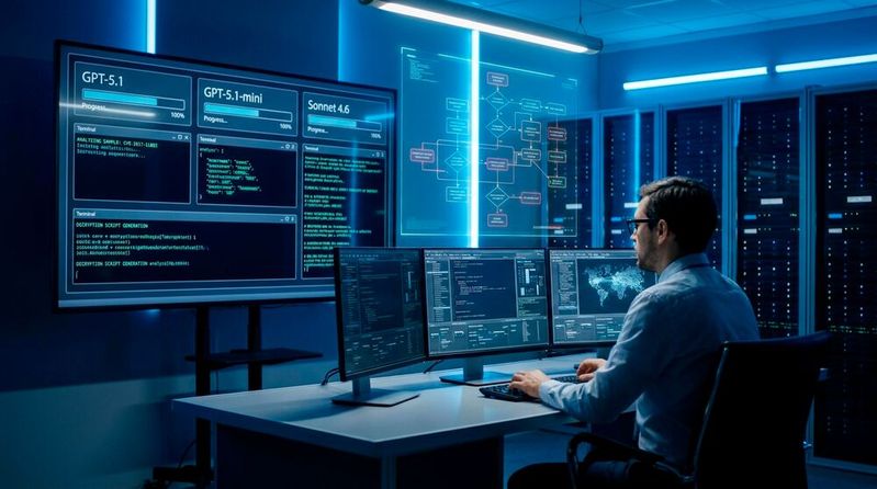 G DATA testete die LLMs GPT‑5.1, GPT‑5.1‑mini, Claude Sonnet 4.6 zur Malware‑Analyse in einem Zwei‑VM‑Setup mit MCP-Tooling und stellte fest, dass die Sprachmodelle einen deutlichen Zeitgewinn bei Skripten, aber unzuverlässige Urteile lieferten.(Bild:  Gemini / Vogel IT-Medien GmbH / KI-generiert)