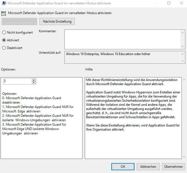 Anpassen der Richtlinie für die Integration von Microsoft Defender Application Guard in Microsoft Office. (Joos)