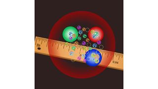 The proton (red) — has a radius of 0.84 femtometers (fm). Also shown in the figure are the three quarks that make up the proton and the gluons that hold them together. (Dr. Yong-Hui Lin/University of Bonn)