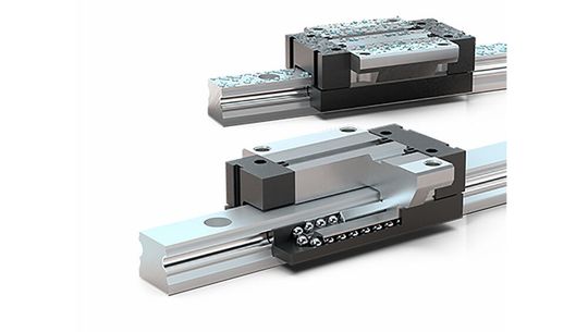 Robuste Schienenführungen aus Aluminium sorgen auf günstige Weise für einfache Handhabungs- und Positionierbewegungen. Die untere ist eine Miniaturausführung mit Kugeln, die besonders leicht und dynamisch verfährt, wie Dr. Tretter sagt.(Bild:  Dr. Tretter Maschinenelemente)