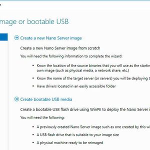 Nach dem Start des Nano Server Image Builders wird die Erstellung eines Nano-Abbildes über einen Assistenten durchgeführt. Zuerst wird ausgewählt, ob ein neues Image, oder ein Installationsmedium erstellt werden soll. Das Erstellen eines Images wird durch die Option „Create a new Nano Server image“ ausgewählt.
