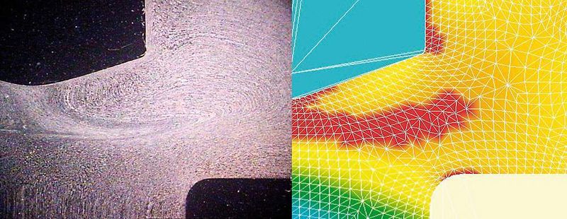 Bild 2: Faserverlauf eines fertigen Schraubenkopfes (links) im Vergleich zur Kaltverfestigung auf Finite-Elemente-Basis (rechts). (Archiv: Vogel Business Media)