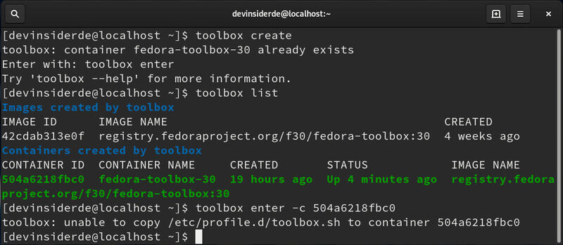 Ärgerlich: Podman-1.3.1 liefert einen Fehler beim Betreten der Toolbox, hier hilft nur das Ersetzen durch eine frühere Version. (Augsten / Fedora Silverblue)