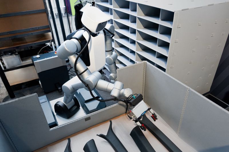 At the Production Lab, where Audi tests future technologies for production and logistics, mobile humanoid robots from Agile Robots retrieve parts from material bins and place them in sequence carts.(Audi AG)