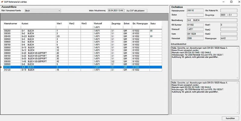 Materialauswahlliste in SAP (Bild: Körting)